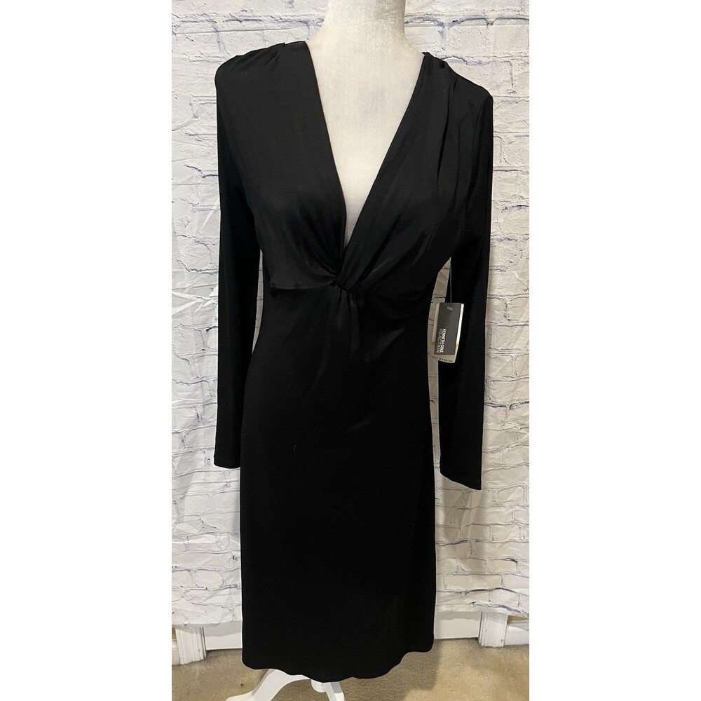 Kenneth Cole Reaction Long Sleeve Black V-Neck Rayon Dress NWT Size Medium